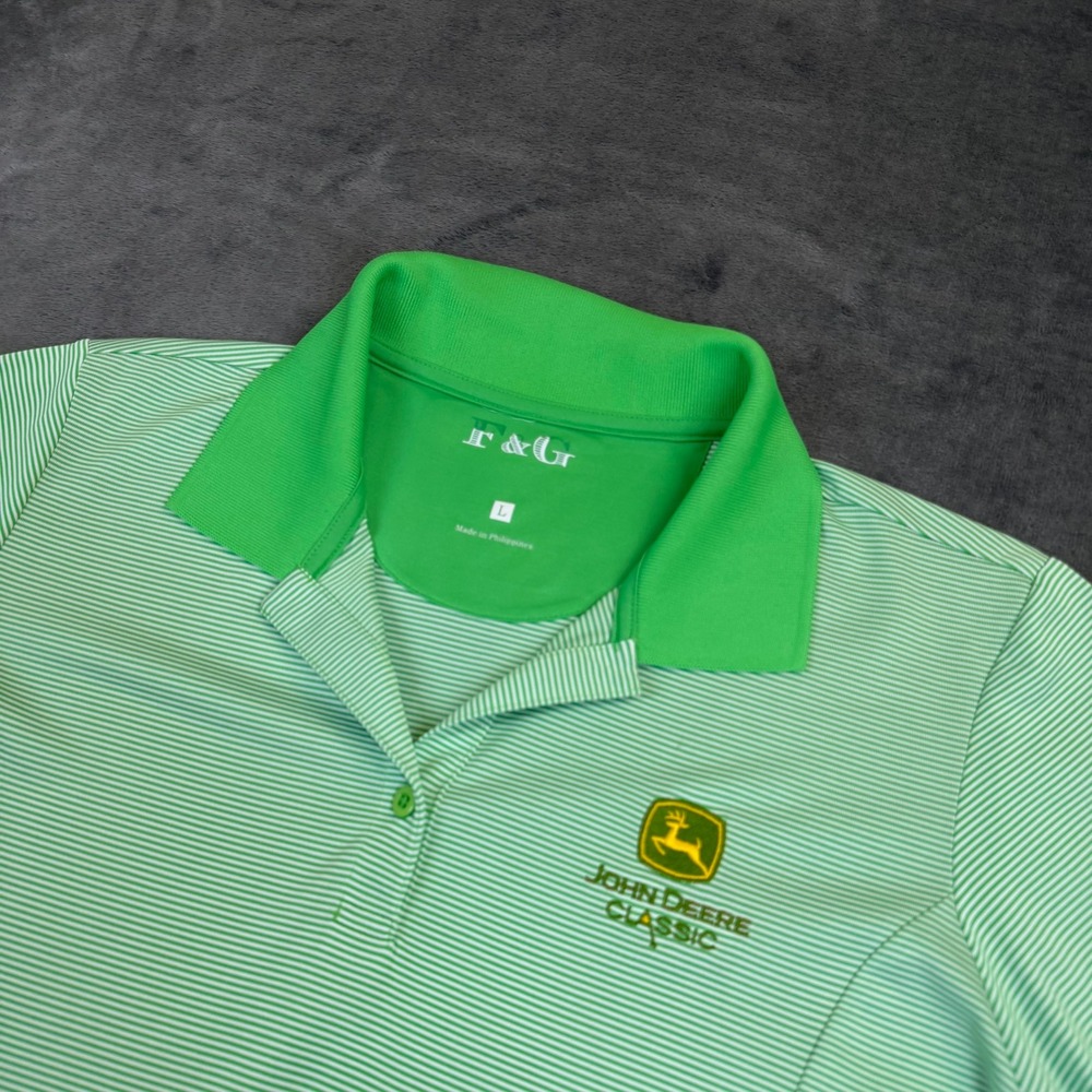 F&G John Deere Classic Polo Shirt Womens Large Green Striped Golf Performance